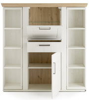 Frontansicht eines Highboards mit Karussell, weiß mit Holzakzenten, offenen Regalen und Schubladen.