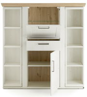 Frontansicht eines Highboards mit Karussell, weiß mit Holzakzenten, offenen Regalen und Schubladen.