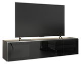 Modernes TV-Lowboard in schwarzem Hochglanz mit großem Flachbildfernseher, seitliche Perspektive