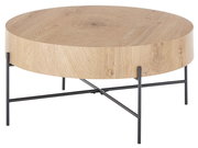 Runder Couchtisch aus Holz mit schwarzem Metallgestell, seitliche Perspektive