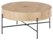 Runder Couchtisch aus Holz mit schwarzem Metallgestell, seitliche Perspektive