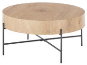Runder Couchtisch aus Holz mit schwarzem Metallgestell, seitliche Perspektive