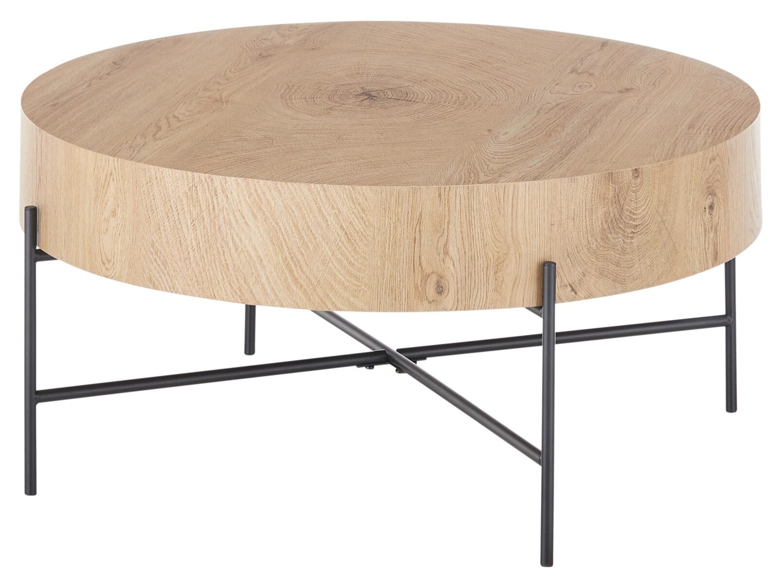 Runder Couchtisch aus Holz mit schwarzem Metallgestell, seitliche Perspektive