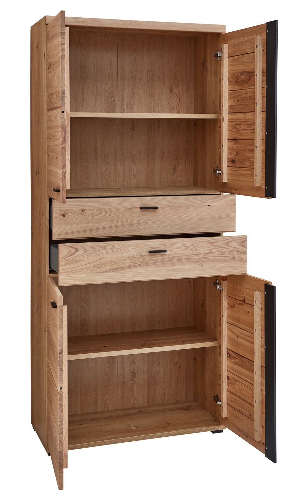 Holz-Aktenschrank mit zwei offenen Türen und zwei Schubladen, Frontalansicht