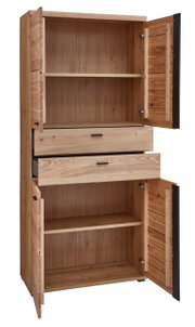 Holz-Aktenschrank mit zwei offenen Türen und zwei Schubladen, Frontalansicht
