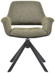 Moderner Sessel mit grünem Stoffbezug und schwarzem Metallgestell, Frontalansicht