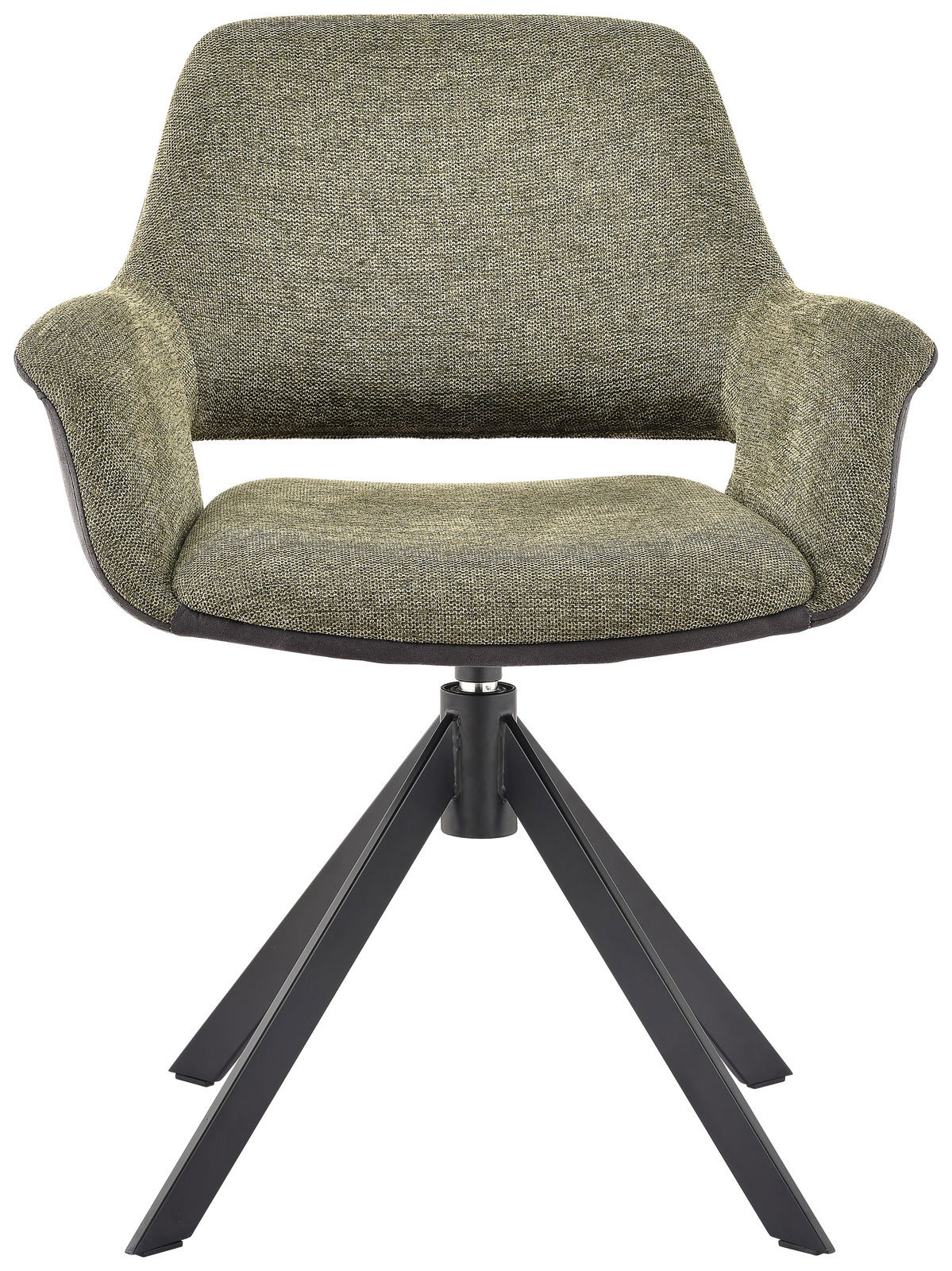 Moderner Sessel mit grünem Stoffbezug und schwarzem Metallgestell, Frontalansicht