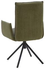 Rückansicht eines grünen Sessels mit schwarzem Metallgestell und vier Beinen.