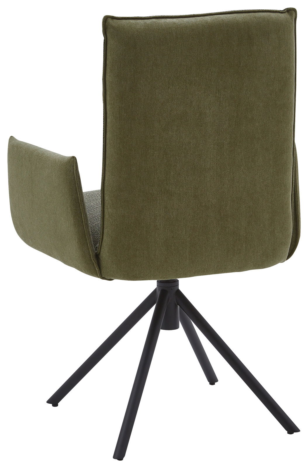 Rückansicht eines grünen Sessels mit schwarzem Metallgestell und vier Beinen.