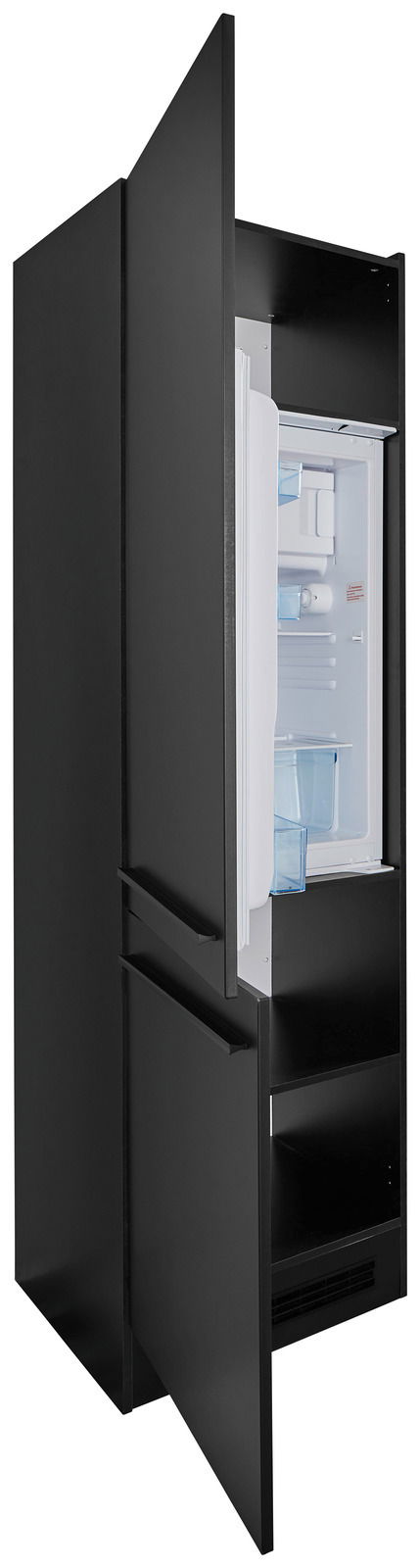 Schwarzer Kühlschrankumbau mit geöffneter Tür, seitliche Perspektive