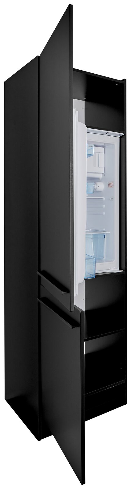 Schwarzer Kühlschrankumbau mit geöffneter Tür, seitliche Perspektive