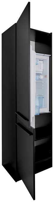Schwarzer Kühlschrankumbau mit geöffneter Tür, seitliche Perspektive