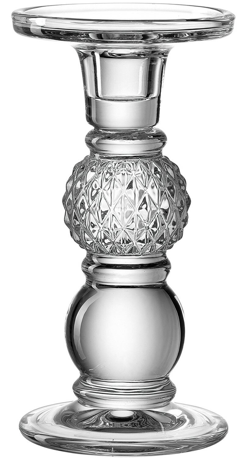 Glasleuchter mit elegantem, facettiertem Design, seitliche Perspektive