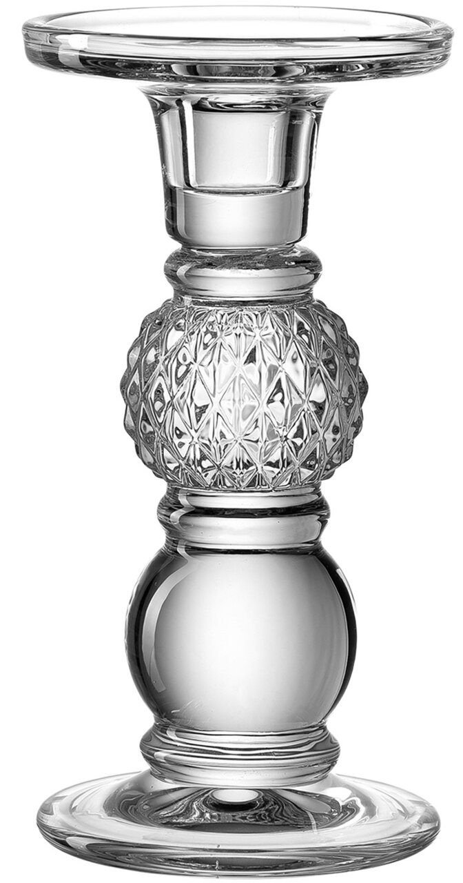 Glasleuchter mit elegantem, facettiertem Design, seitliche Perspektive