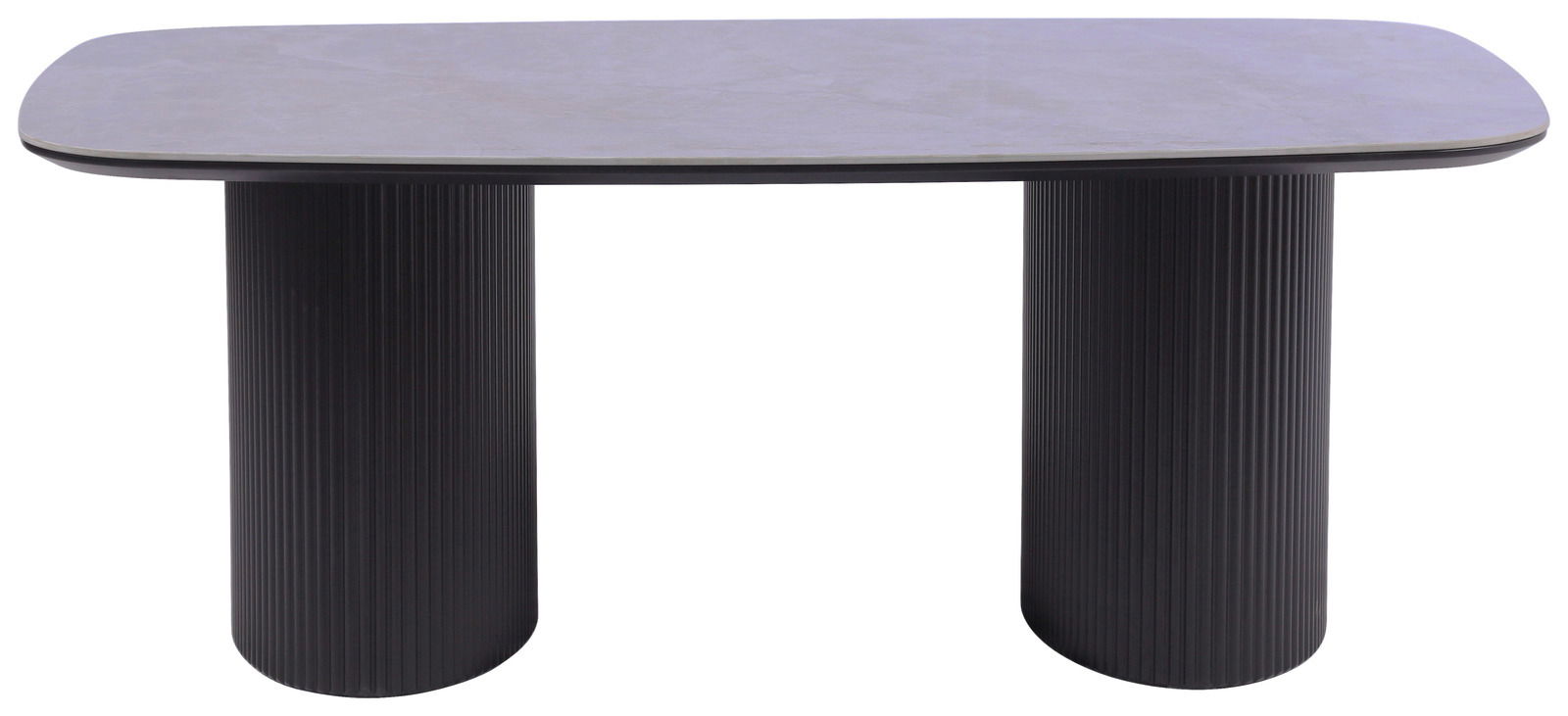 Moderner Couchtisch mit rechteckiger, abgerundeter Tischplatte und zwei geriffelten, zylindrischen Beinen, Frontalansicht.