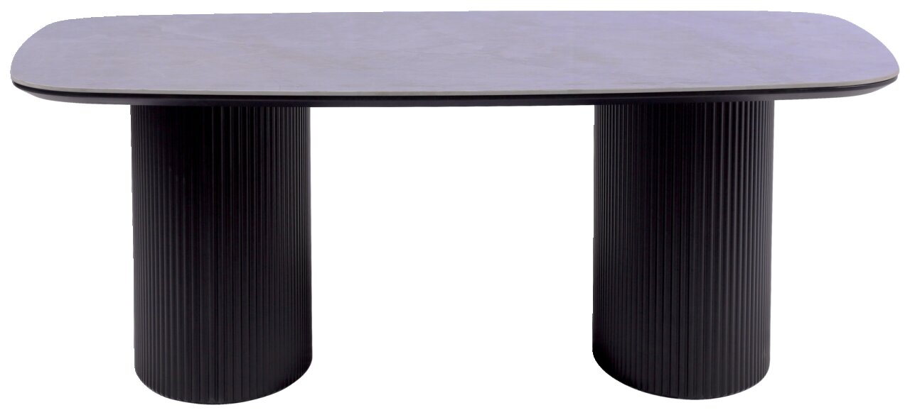 Moderner Couchtisch mit rechteckiger, abgerundeter Tischplatte und zwei geriffelten, zylindrischen Beinen, Frontalansicht.