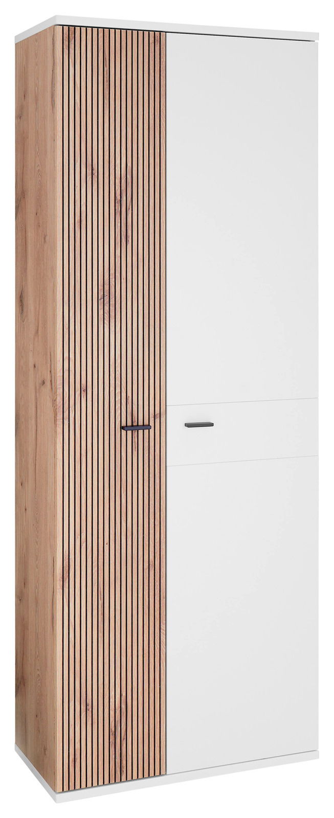 Moderner Garderobenschrank mit einer Kombination aus Holzlamellen und glatter weißer Oberfläche, seitliche Perspektive