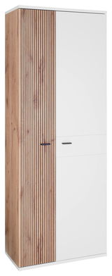 Moderner Garderobenschrank mit einer Kombination aus Holzlamellen und glatter weißer Oberfläche, seitliche Perspektive