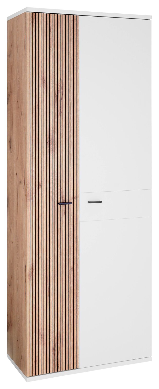 Voleo Garderobenschrank MENARO Moderner Garderobenschrank mit einer Kombination aus Holzlamellen und glatter weißer Oberfläche, seitliche Perspektive