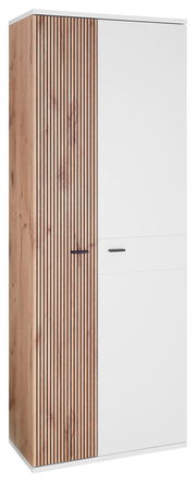 Moderner Garderobenschrank mit einer Kombination aus Holzlamellen und glatter weißer Oberfläche, seitliche Perspektive