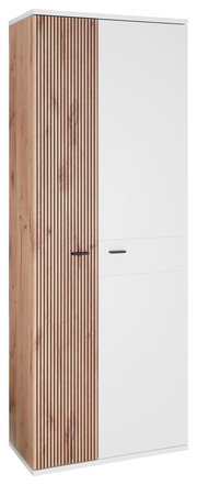 Moderner Garderobenschrank mit einer Kombination aus Holzlamellen und glatter weißer Oberfläche, seitliche Perspektive