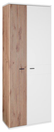 Moderner Garderobenschrank mit einer Kombination aus Holzlamellen und glatter weißer Oberfläche, seitliche Perspektive