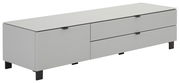 Modernes TV-Lowboard in Weiß mit zwei Schubladen und einer Tür, seitliche Perspektive