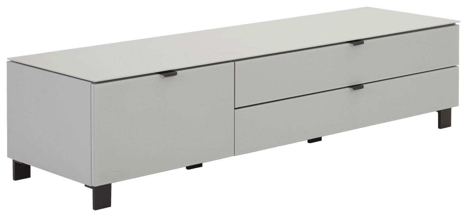 Modernes TV-Lowboard in Weiß mit zwei Schubladen und einer Tür, seitliche Perspektive