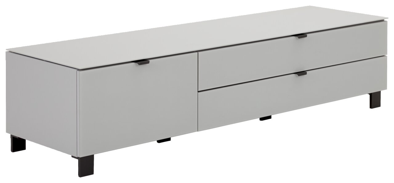 Modernes TV-Lowboard in Weiß mit zwei Schubladen und einer Tür, seitliche Perspektive