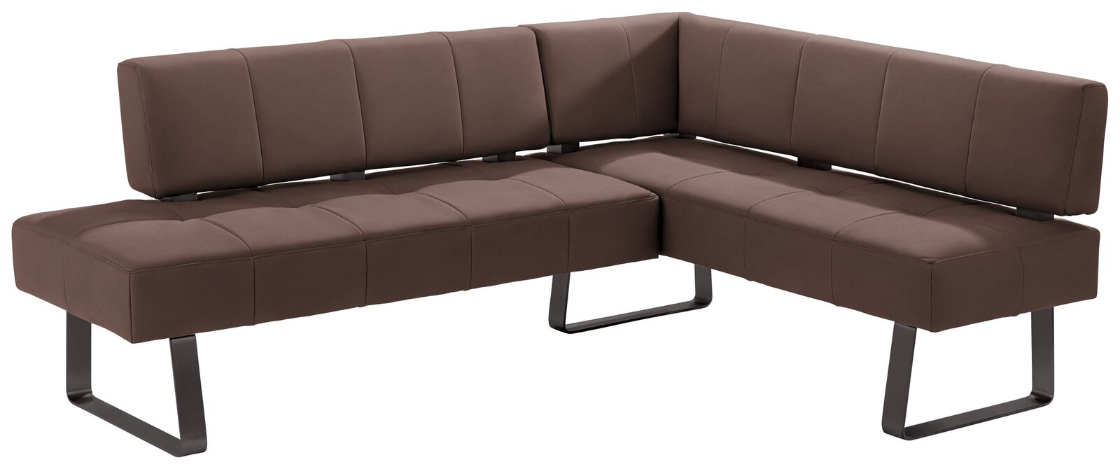Braune Eckbank mit modernem Design und Metallbeinen, seitliche Perspektive