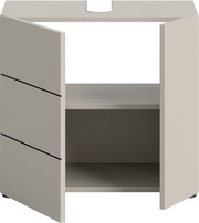 Offener Badezimmer-Waschtischunterschrank in Hellgrau/Beige mit zwei Schubladen links und offenem Regalbereich, Frontansicht leicht von oben