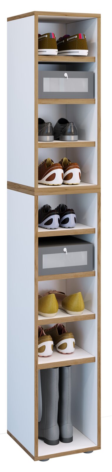 Schmaler, hoher Schuhschrank mit mehreren offenen Fächern und zwei Schubladen, weiß mit Holzrahmen, gefüllt mit Schuhen; perspektivische Ansicht von vorne leicht schräg von links.