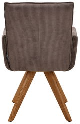 Rückansicht eines Armlehnstuhls mit braunem, geripptem Stoffbezug und Holzbeinen.