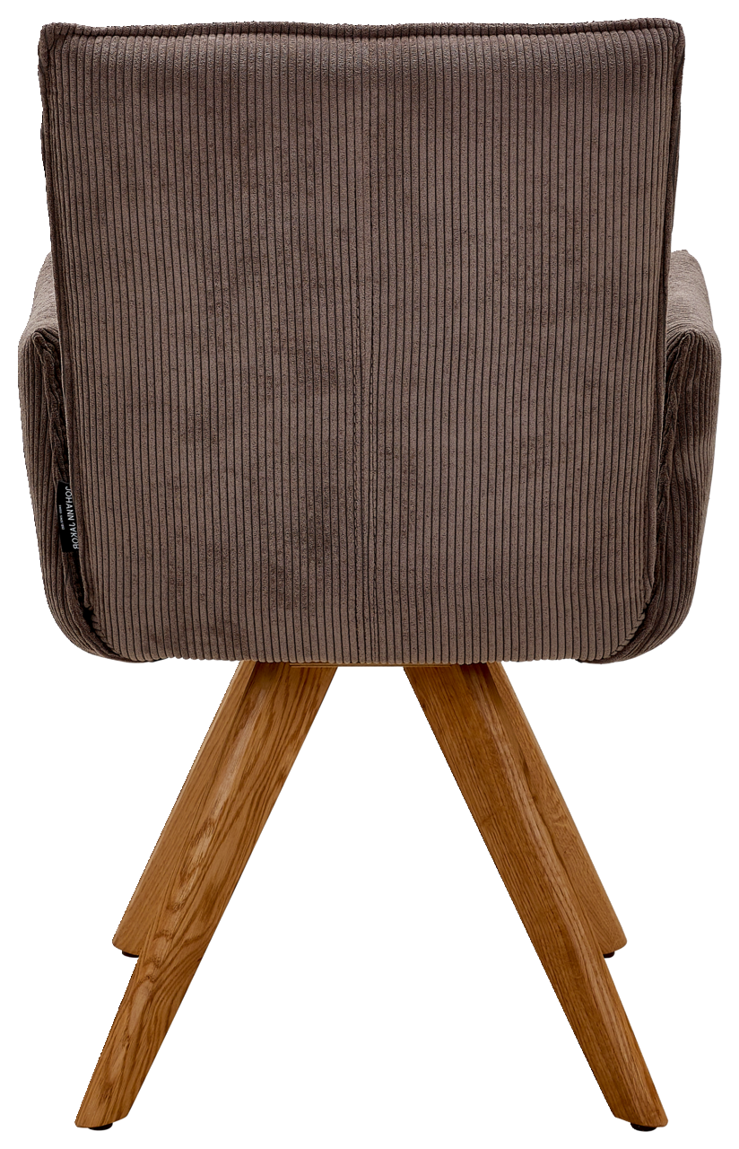 Johann Jakob Armlehnstuhl CALAS Rückansicht eines Armlehnstuhls mit braunem, geripptem Stoffbezug und Holzbeinen.