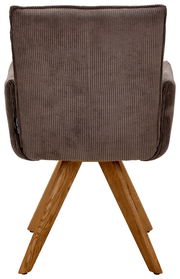 Rückansicht eines Armlehnstuhls mit braunem, geripptem Stoffbezug und Holzbeinen.