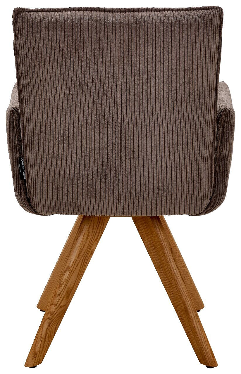 Rückansicht eines Armlehnstuhls mit braunem, geripptem Stoffbezug und Holzbeinen.