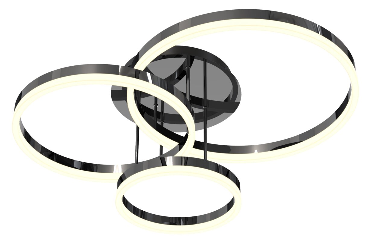 Moderne Deckenleuchte Perpignan mit drei ineinander verschlungenen, leuchtenden Ringen, seitliche Perspektive