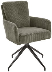 Grüner Armlehnstuhl mit geripptem Stoffbezug und schwarzem Metallgestell, seitliche Perspektive