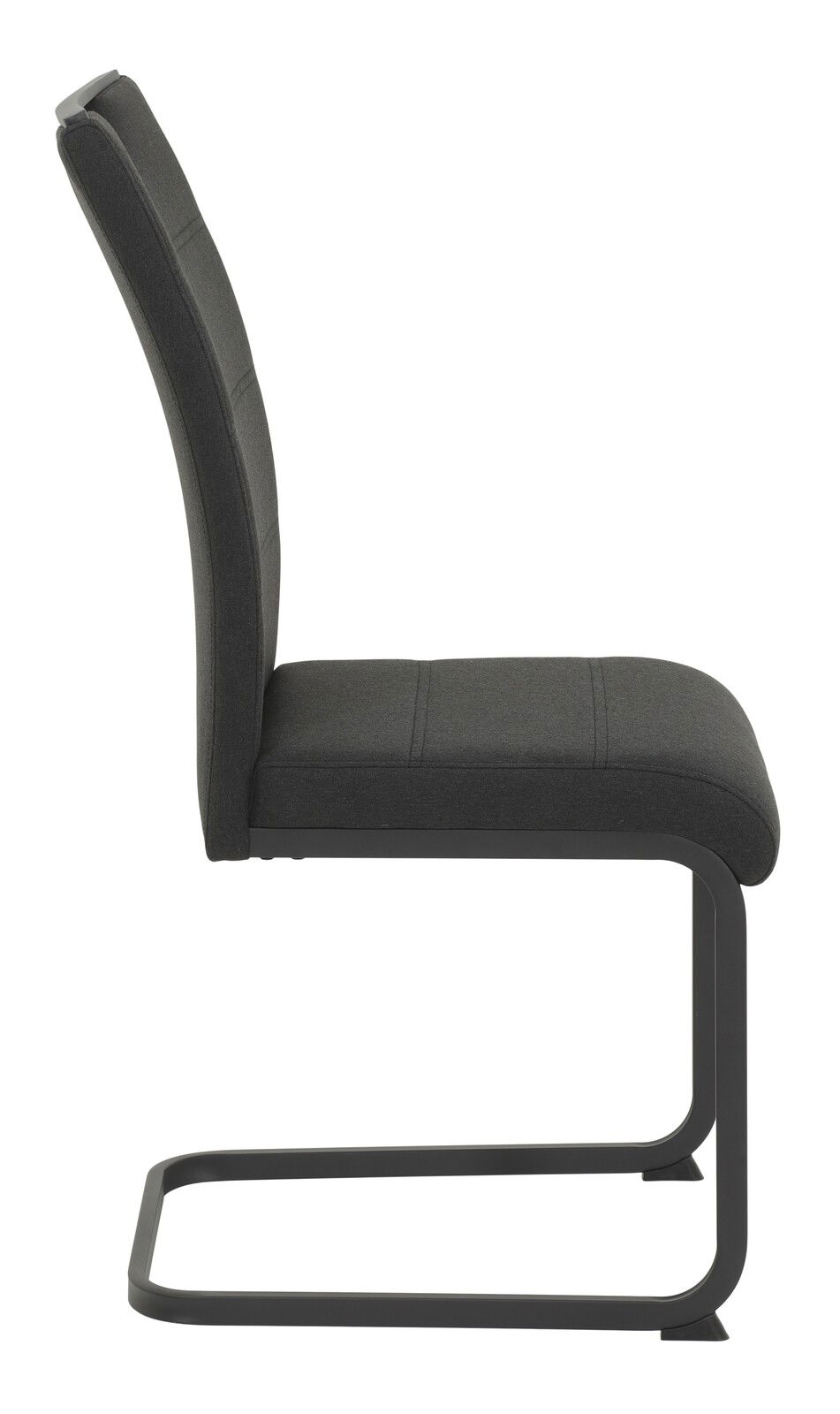 Seitenansicht eines modernen Schwingstuhls mit dunklem Stoffbezug und schwarzem Metallgestell.