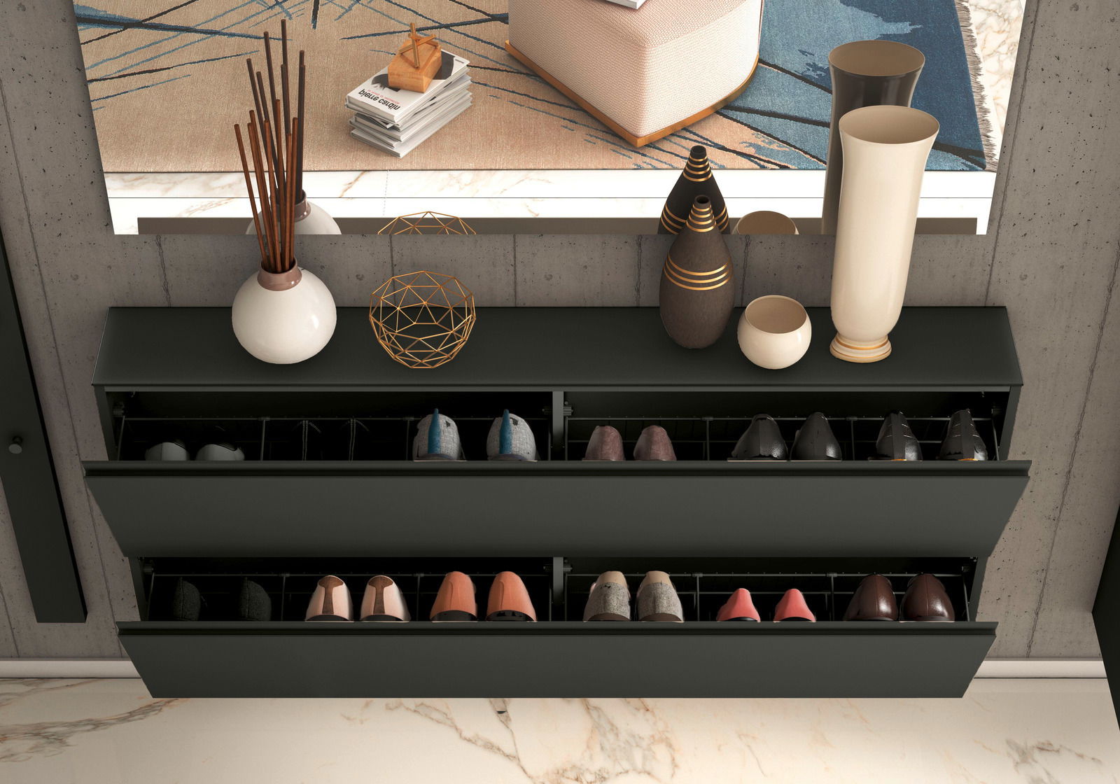 Moderner XL-Hängeschuhschrank in dunkler Farbe, von oben betrachtet, mit zwei offenen Klappen, die verschiedene Schuhe zeigen, dekoriert mit Vasen und Dekorationsobjekten auf der Oberseite.