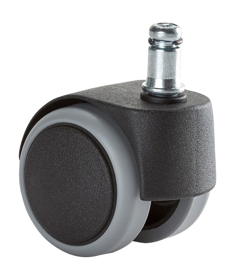 Nahaufnahme einer Hartbodenrolle mit grauem Rad und schwarzem Gehäuse, seitliche Perspektive