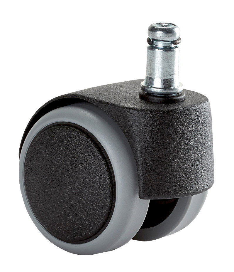 Nahaufnahme einer Hartbodenrolle mit grauem Rad und schwarzem Gehäuse, seitliche Perspektive