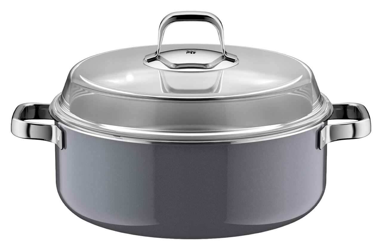 WMF Schmortopf Ø 28cm FUSIONTEC MINERAL PRO Schmortopf Ø 28cm Platinum, Vorderansicht mit glänzendem Deckel und Griffen.