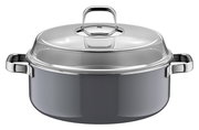 Schmortopf Ø 28cm Platinum, Vorderansicht mit glänzendem Deckel und Griffen.