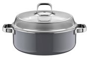 Stoofpan Ø 28 cm Platinum, vooraanzicht met glanzend deksel en handvatten.