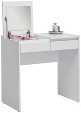 Weißer Schminktisch mit hochgeklapptem Spiegel, zwei Schubladen und dekorativen Accessoires, seitliche Perspektive