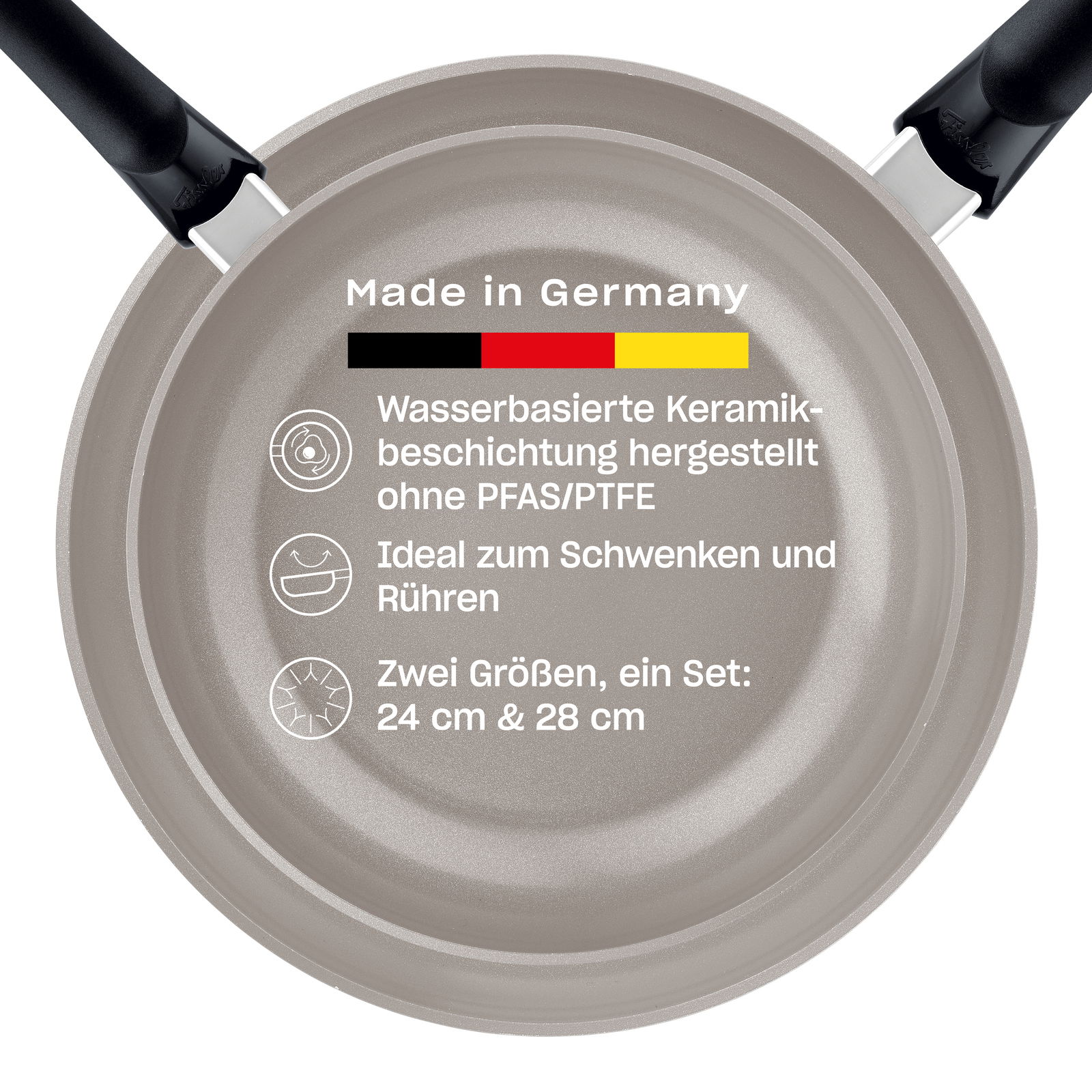 Pfanne mit wasserbasierter Keramikbeschichtung, hergestellt in Deutschland, ohne PFAS/PTFE, ideal zum Schwenken und Rühren, Draufsicht.