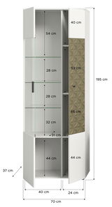 Vitrine mit geöffneten Türen, zeigt Innenfächer und Glasregale, perspektivische Ansicht von vorne.