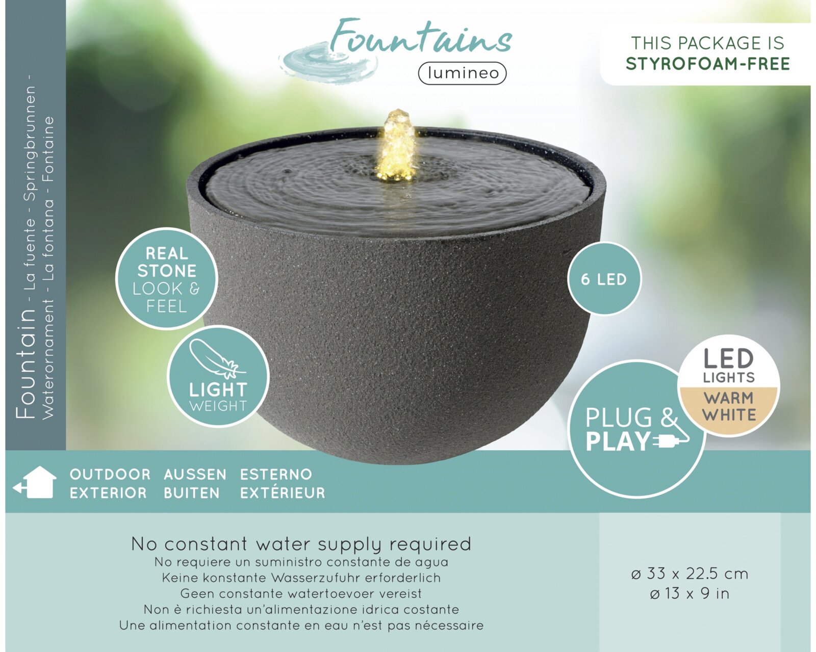 Runder Outdoor-Zimmerbrunnen in dunkler Steinoptik mit zentraler Wasserfontäne und warmweißer LED-Beleuchtung (6 LEDs), Plug-and-Play, frontal in leichter Aufsicht dargestellt
