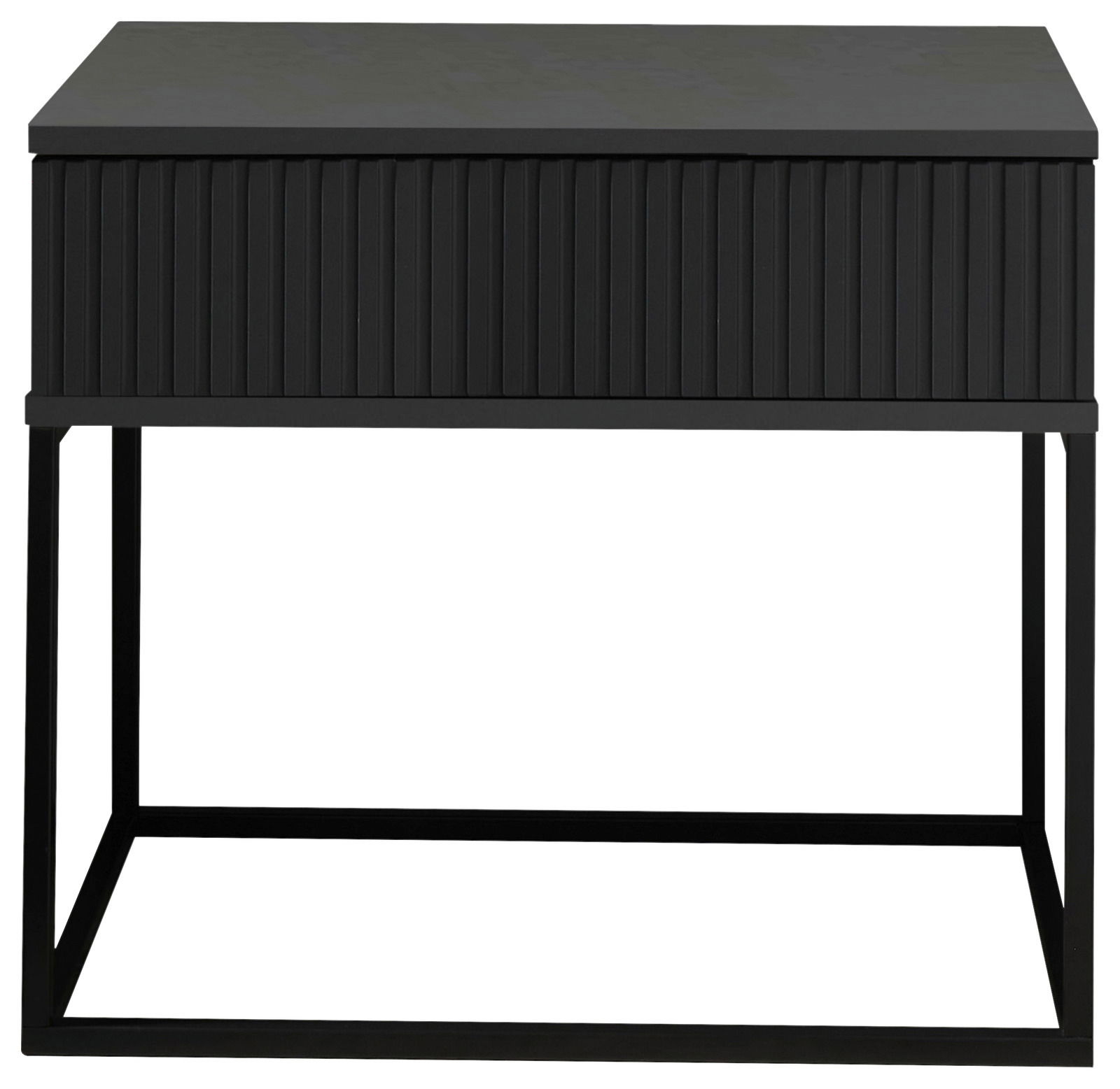 Schwarze Nachtkommode mit geriffelter Front und Metallgestell, Frontalansicht